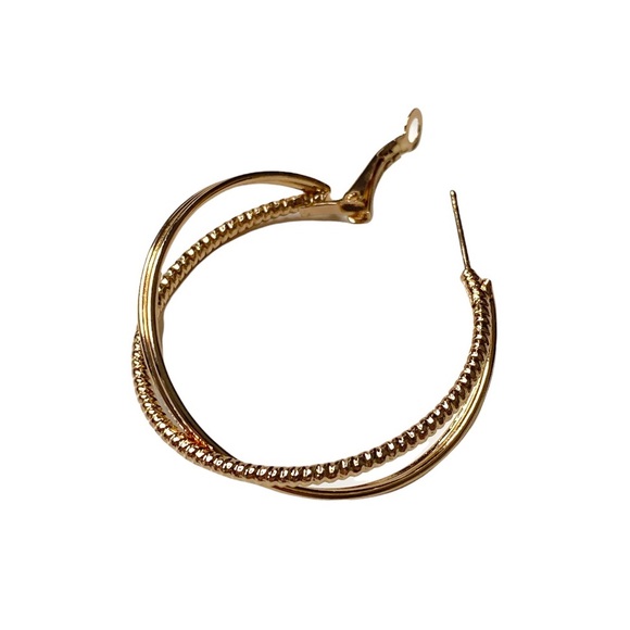 Gold Hoop Earrings Round Twisted Metal Embossed Engraved Design Double Infinity - Picture 5 of 11
